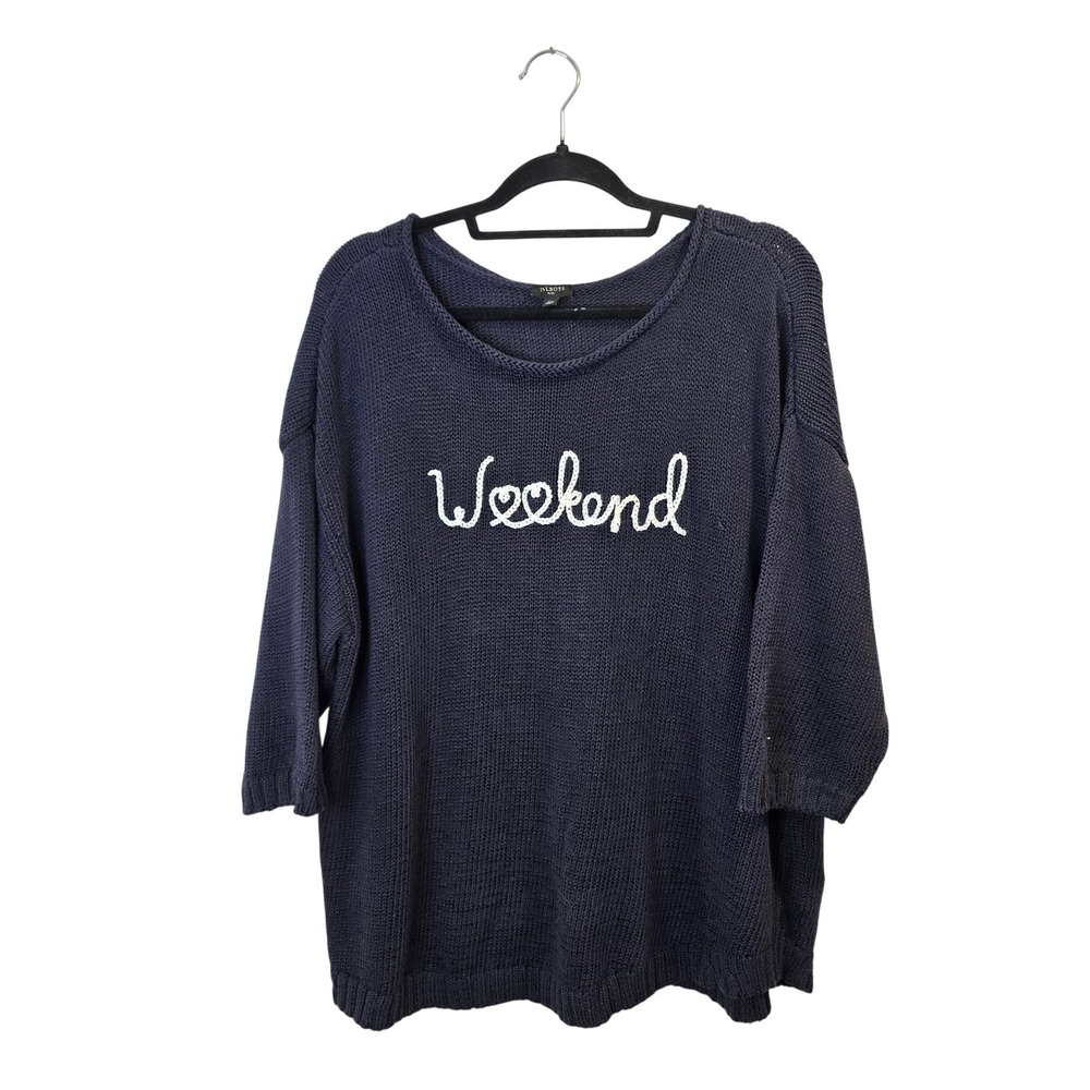 Talbots Sweater Women 2X Navy Blue Weekend Embroidered Cotton Blend Pullover